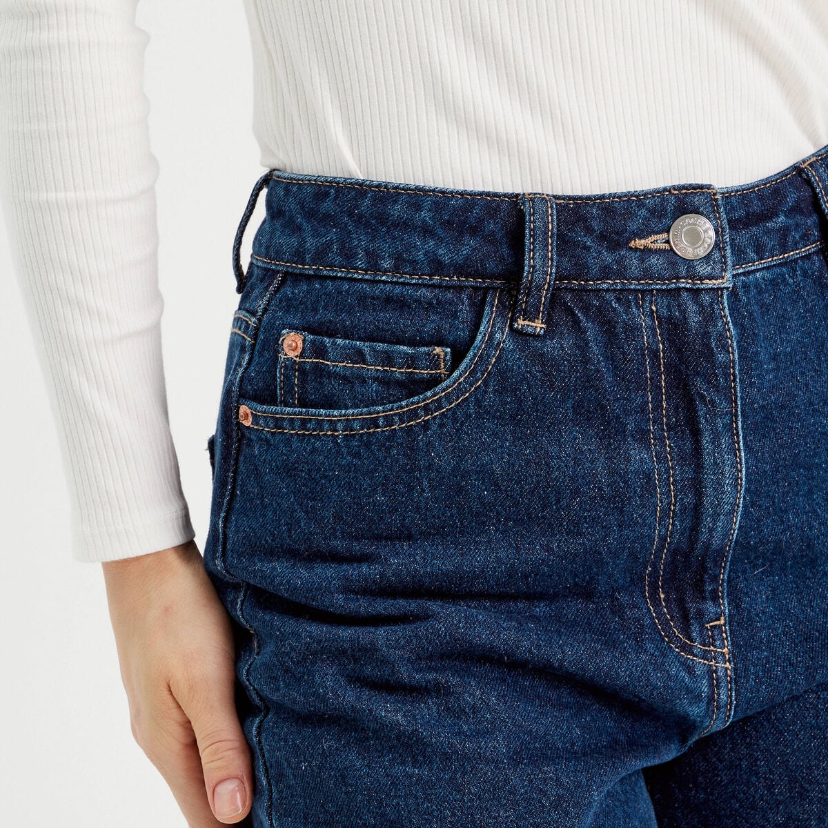 Jeans droit cropped taille haute denim brut femme