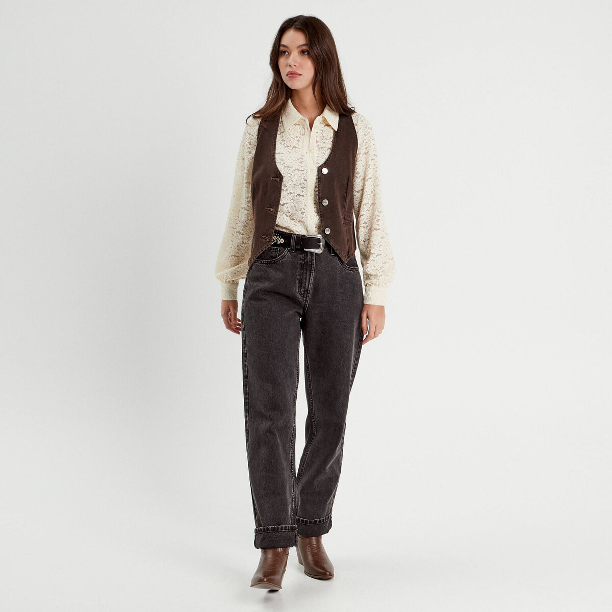 Chemise dentelle plissée ecru femme