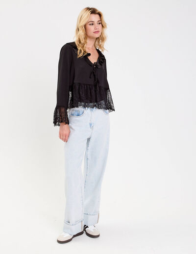 Blouse col V en dentelle noir femme