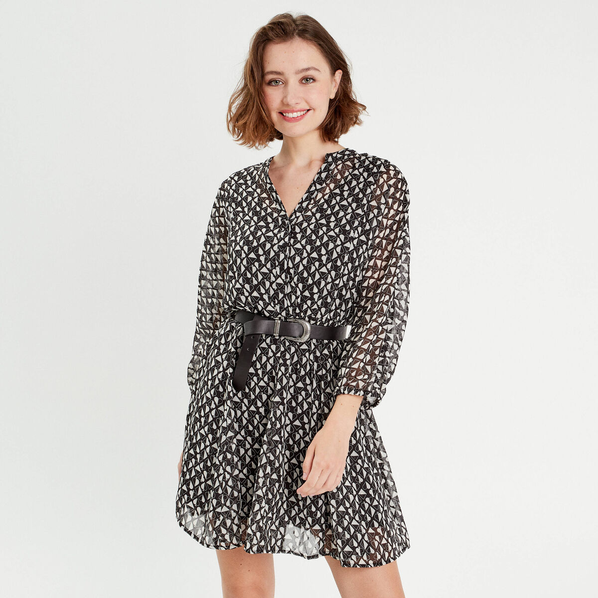 Robe évasée manches 3/4 noir femme