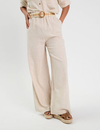 Pantalon large ceintur&eacute; contenant du lin beige femme
