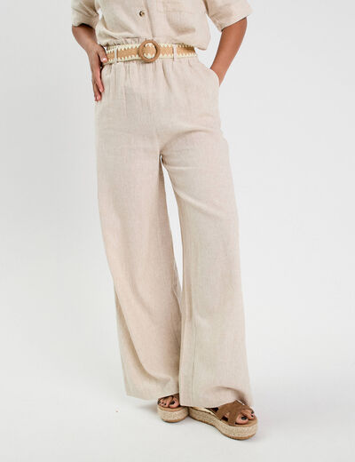 Pantalon large ceinturé contenant du lin beige femme