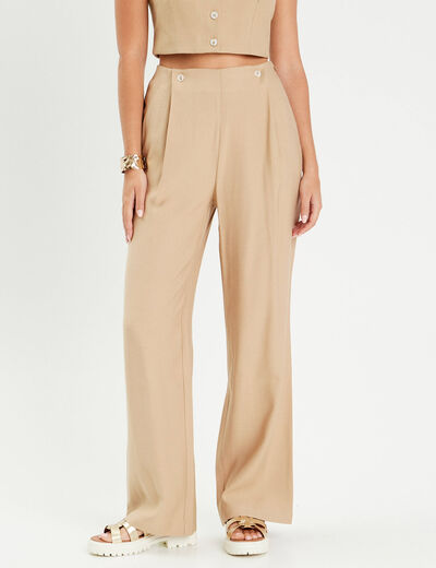 Pantalon large boutons beige femme