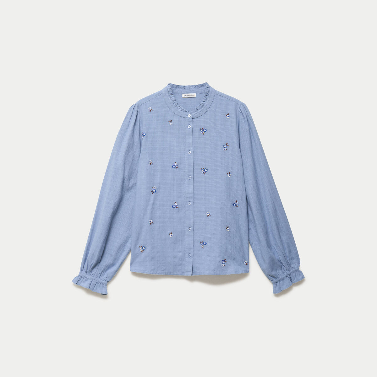 Blouse droite courte col v broderie bleu femme