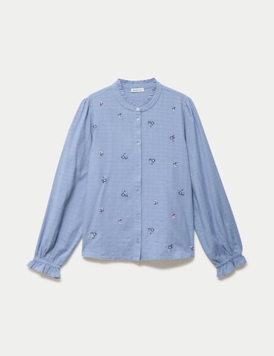 Blouse droite courte col v broderie bleu femme