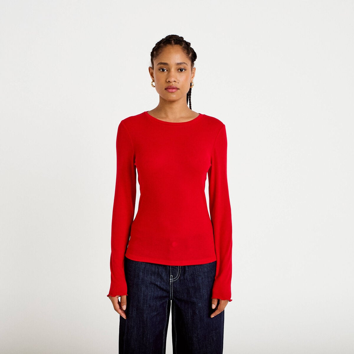 T-shirt ajust&eacute; col rond manches longues rouge femme