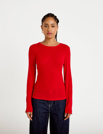 T-shirt ajust&eacute; col rond manches longues rouge femme