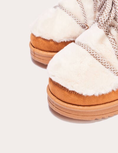 Bottines fausse fourrure à lacets camel femme
