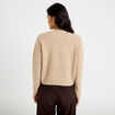 Gilet brod&eacute; col v manches longues beige femme