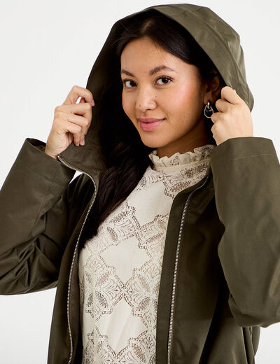 Parka &agrave; capuche taille ajustable vert kaki femme