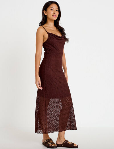 Robe longue droite col b&eacute;nitier dentelle marron femme