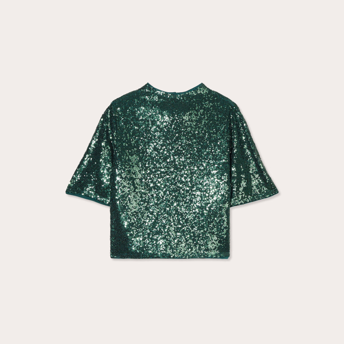 T-shirt sequins col montant vert fonc&eacute; femme