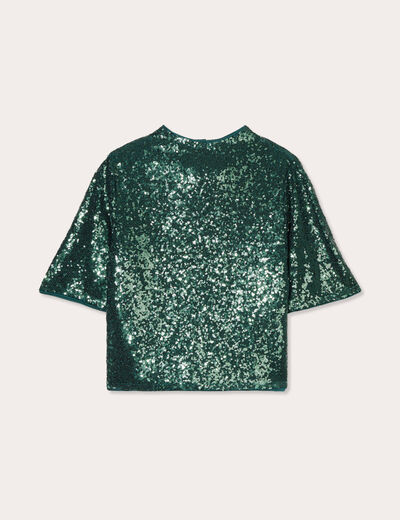 T-shirt sequins col montant vert foncé femme