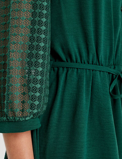 Robe trapèze manches dentelle vert foncé femme