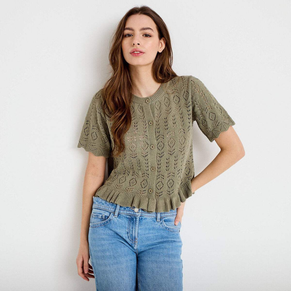 Gilet ajour&eacute; manches courtes col rond vert kaki femme
