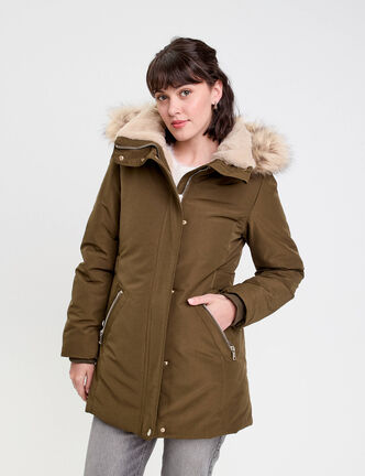 Parka &agrave; capuche fausse fourrure vert kaki femme