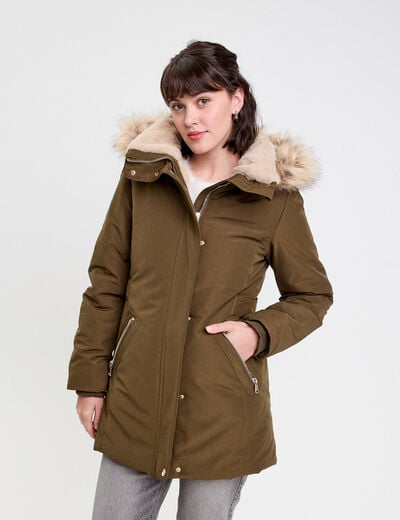Parka &agrave; capuche fausse fourrure vert kaki femme