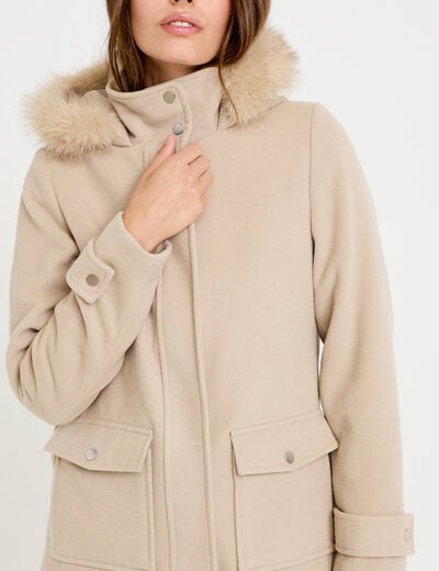Manteau mi-long &agrave; capuche beige femme