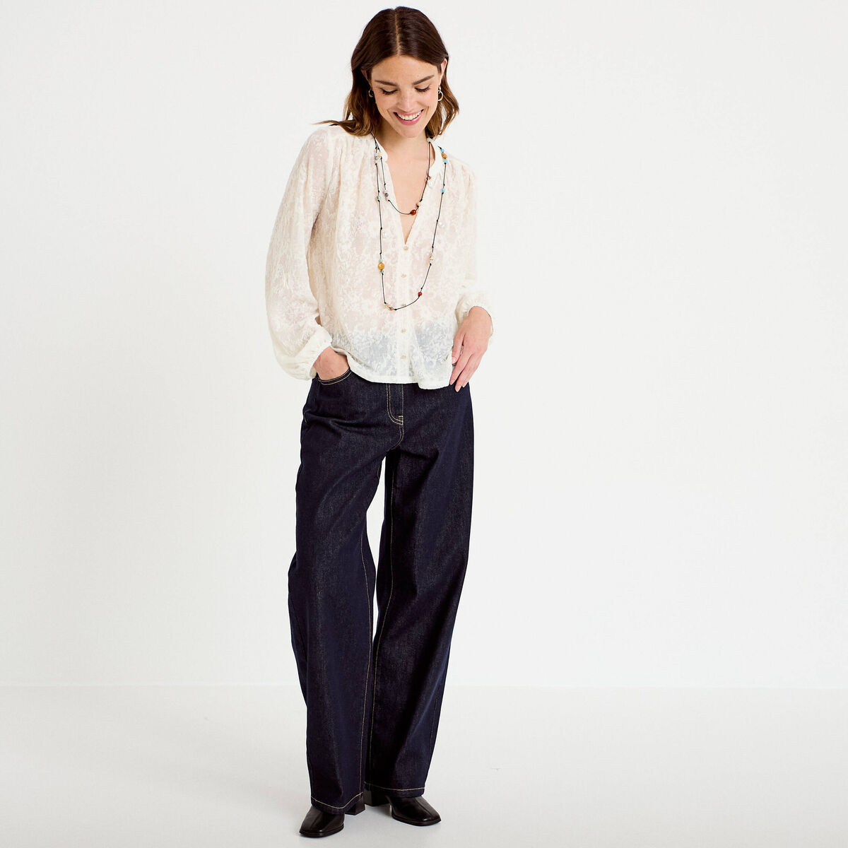Blouse maille fantaisie ecru femme