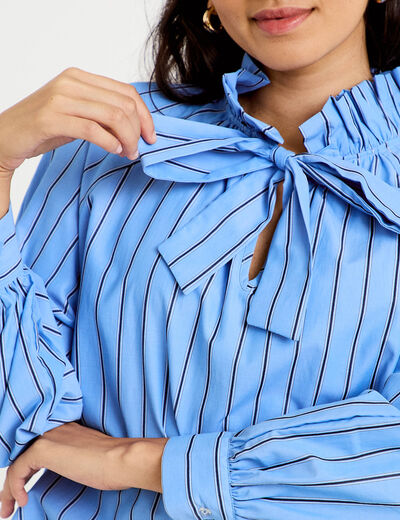 Blouse ample col montant manches longues bleu femme
