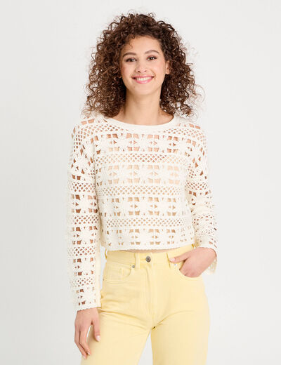 Pull ajouré effet crochet ecru femme