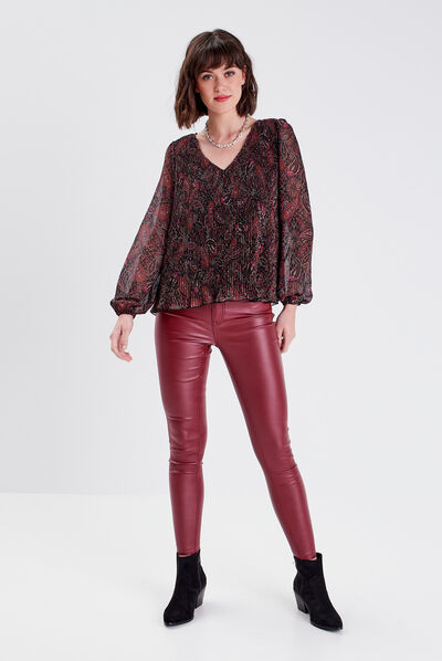 Pantalon skinny enduit bordeaux femme