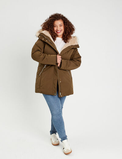 Parka droite avec capuche vert kaki femme