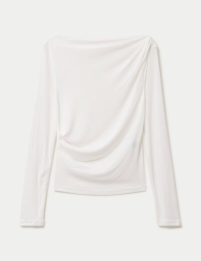T-shirt col b&eacute;nitier manches longues ecru femme