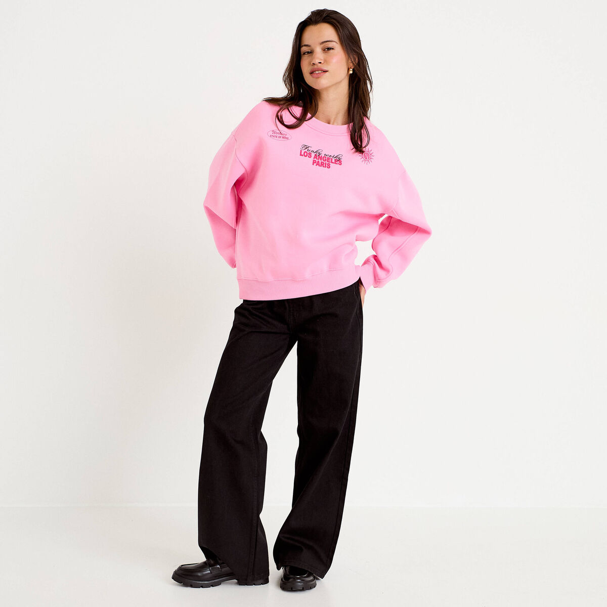 Sweat col rond manches longues rose femme