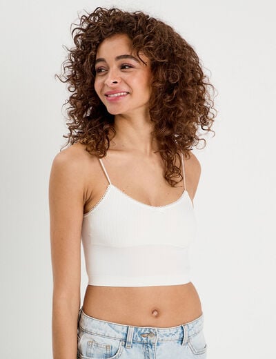Crop top côtelé ecru femme