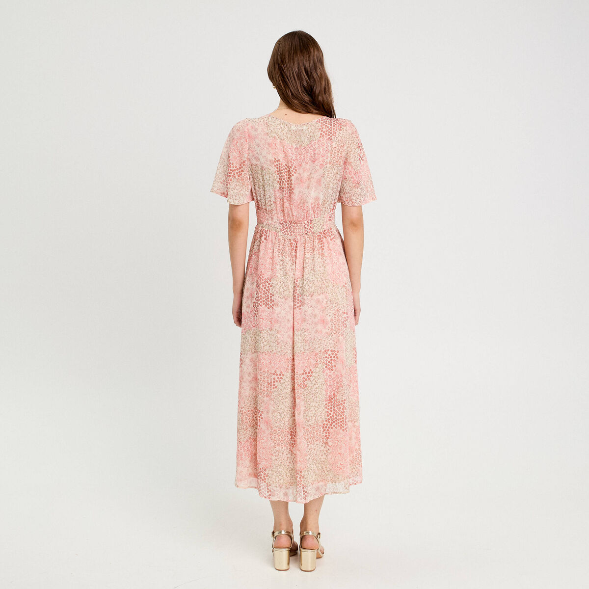 Robe longue évasée col en V blanc femme