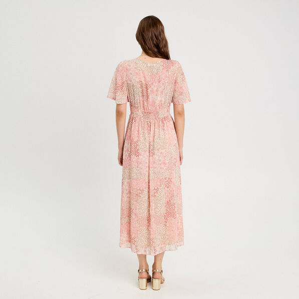 Robe longue évasée col en V blanc femme