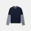 Pull col rond vichy manches longues bleu marine femme