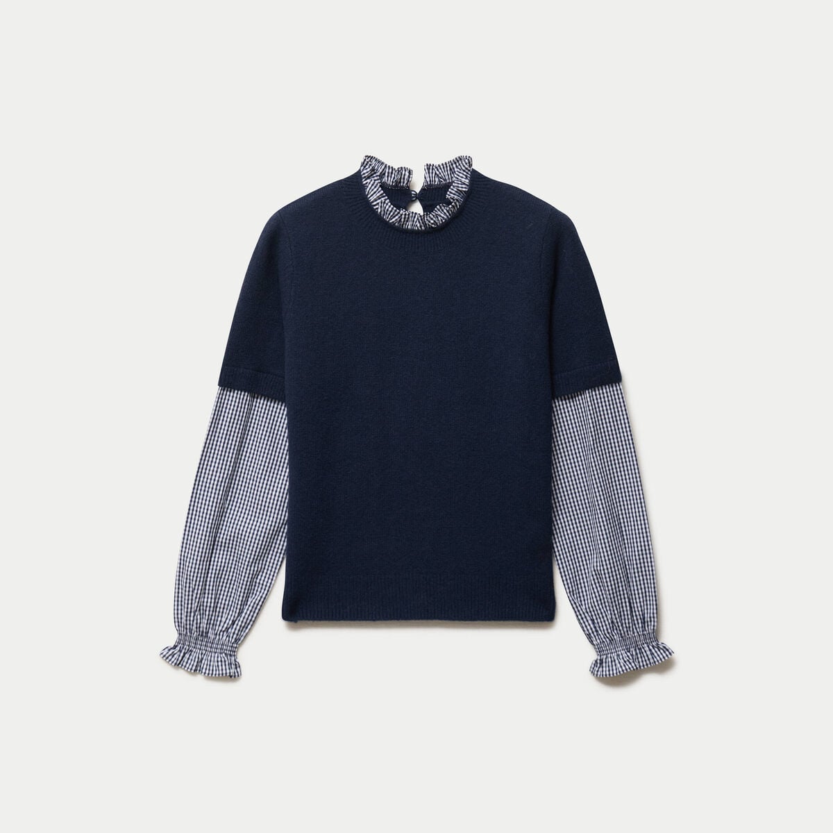 Pull col rond vichy manches longues bleu marine femme