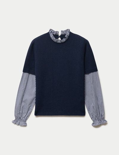 Pull col rond vichy manches longues bleu marine femme
