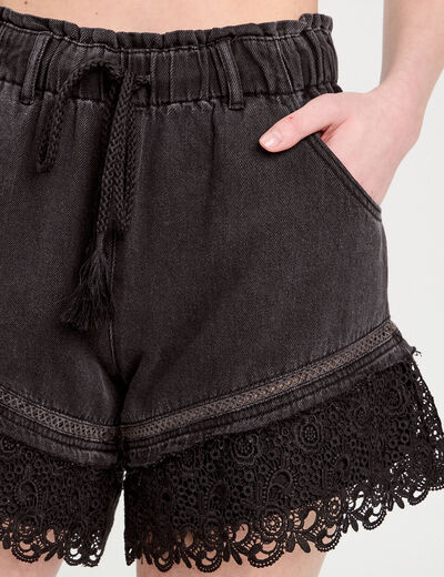 Short flare dentelle en jean denim noir femme