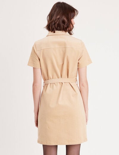 Robe droite velours ceinturée ecru femme