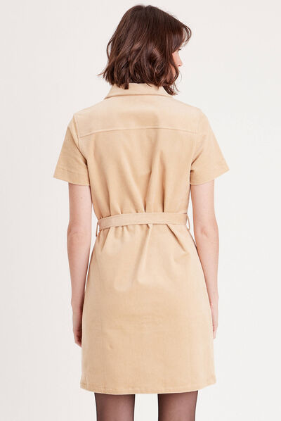 Robe droite velours ceinturée ecru femme