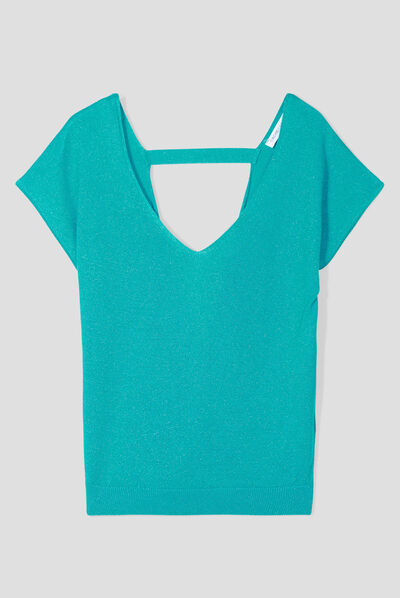 Pull col en V dos ouvert vert femme