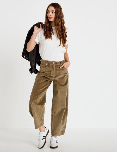 Pantalon barrel en velours vert kaki femme
