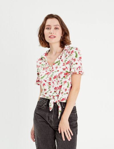 Chemise manches courtes nouée blanc femme