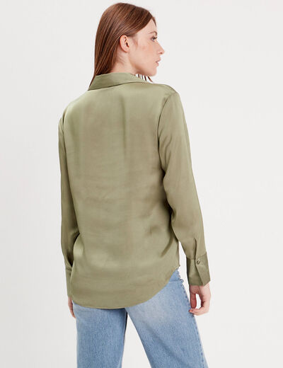 Chemise manches longues satin vert kaki femme