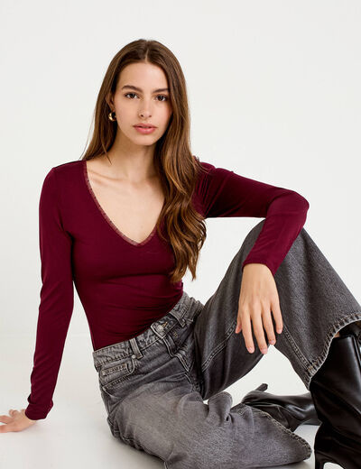 T-shirt thermique col en V plumetis bordeaux femme