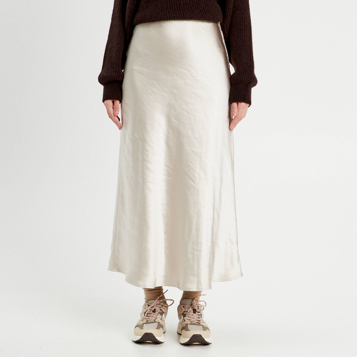 Jupe midi droite satin beige femme