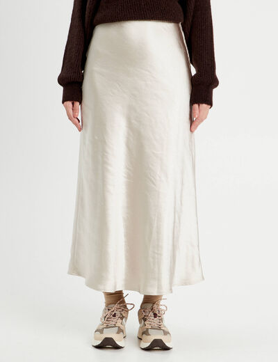 Jupe midi droite satin beige femme