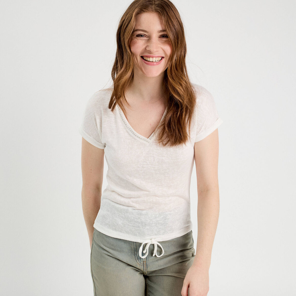 T-shirt détail noeud ecru femme