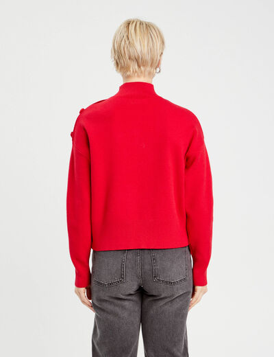Pull col montant boutons rouge femme