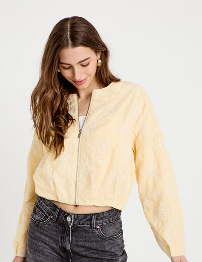 Veste cropped bas resserr&eacute; jaune clair femme