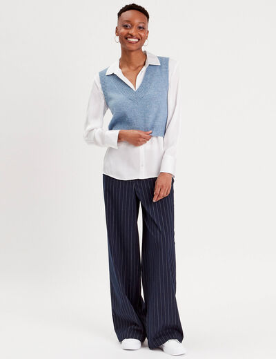 Pull sans manches col en V bleu pastel femme