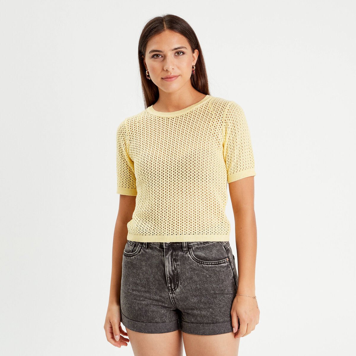 Pull manches courtes ajouré jaune moutarde femme